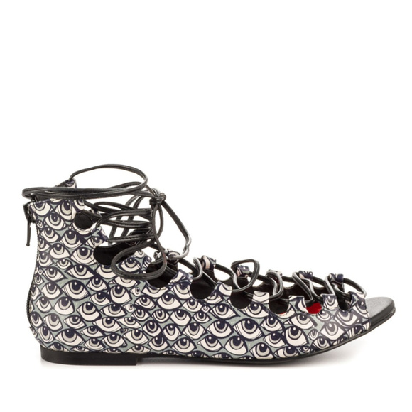 Taylor Says Punk Goth Eyes Lace Up Sandals Flats - Picture 2 of 7